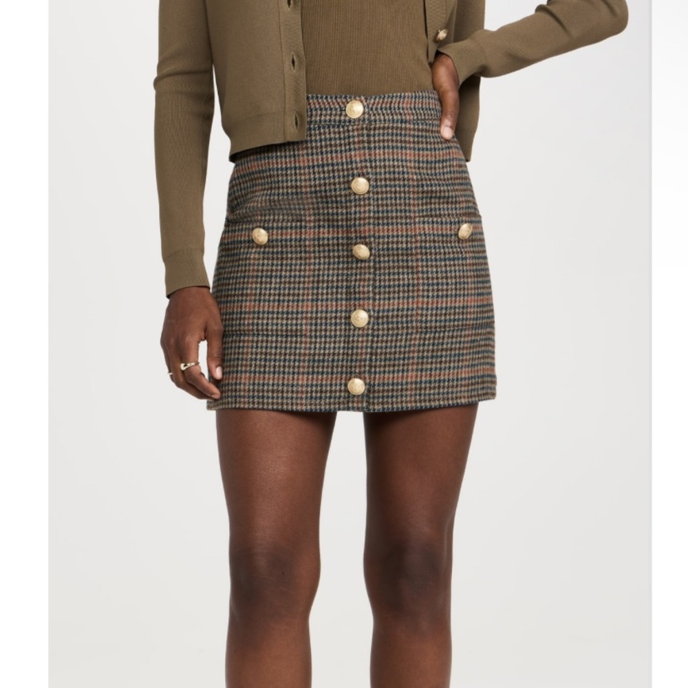 L’Agence Zander Gold Button Mini Skirt in Tan/Teal Checker Plaid size 14